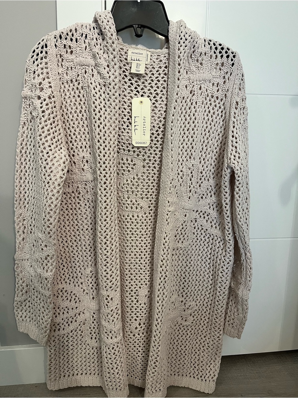 Open-Knit Hooded Cardigan Sweater in Light Beige